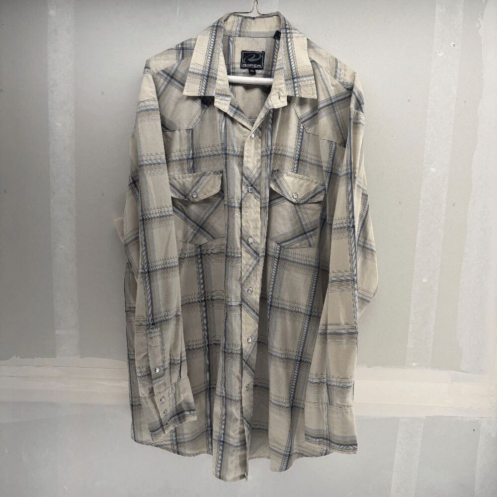Vintage 90s Y2K Roper Pearl Snap Taupe Blue‎ Striped Long Sleeve 2XL Shirt City
